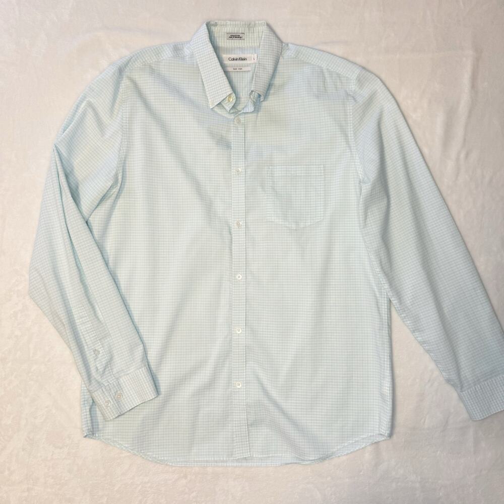 Calvin Klein Non Iron Blue Plaid Shirt Dress Men's Large